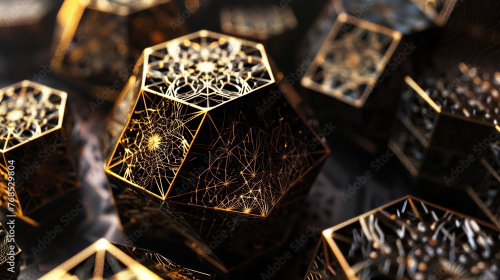 Poster geometric shapes adorned with intricate golden patterns, their surfaces gleaming with an otherworldl