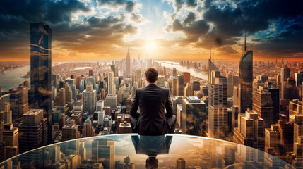 Businessman sitting on the edge of a table looking at the city
