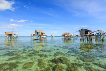 Beautiful landscapes view borneo sea gypsy water village in Bodgaya Mabul Island, Semporna Sabah, Malaysia.