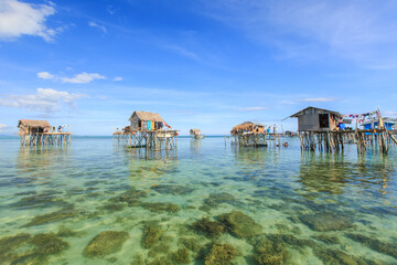 Beautiful landscapes view borneo sea gypsy water village in Bodgaya Mabul Island, Semporna Sabah,...