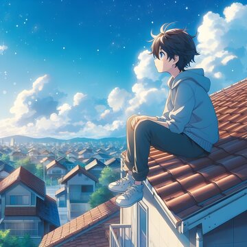anime boy sitting on the roof