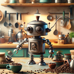 Robot made from coffee machine parts, Barista robot, coffee maker robot
