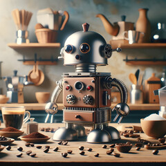 Robot made from coffee machine parts, Barista robot, coffee maker robot