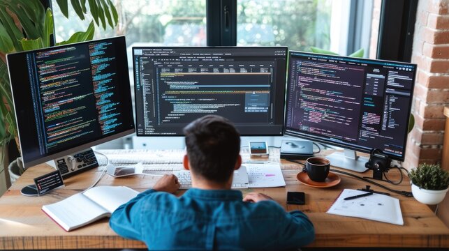 A focused software developer codes on a dual monitor setup in a modern office environment with a minimalist aesthetic. AIG41
