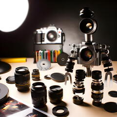 Robot made from camera parts, photographer robot