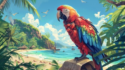 A cheeky parrot disrupting a pirate's map-reading session, leading to a humorous and chaotic treasure hunt. - obrazy, fototapety, plakaty