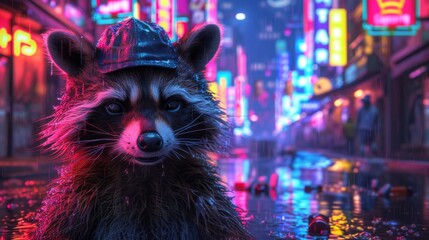 A mischievous raccoon wearing a detective's hat, stealthily navigating a colorful cityscape at night, in search of the ultimate trash can feast.