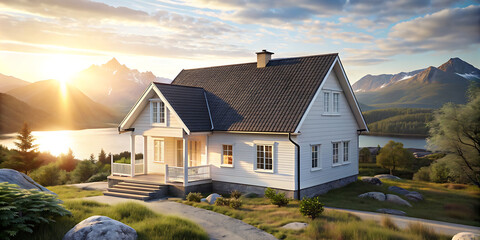 Norwegian beautiful house lit by the midnight sun.  beautiful house in the morning. House in the countryside. Green garden in the country house. blue sky with sunrise morning. Property and estate. - obrazy, fototapety, plakaty