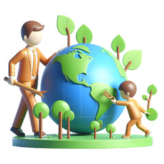 3D flat icon for business as Children planting trees around a globe sculpture in Zero Carbon with Globe Innovation abstract theme with isolated white background ,Full depth of field, high quality ,inc