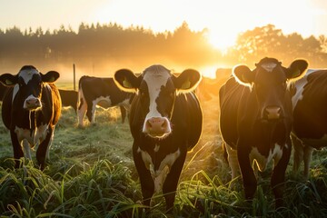 herd of cows at sunrise with mist, feeding on dewy grass