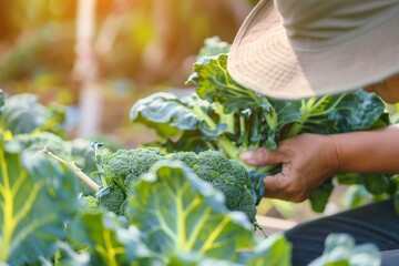 person wearing hat picking broccoli on a sunny day