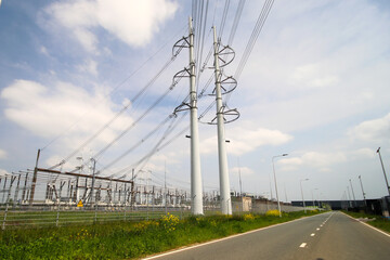 Power station and wintrack poles for carying electricity wires in Bleiswijk