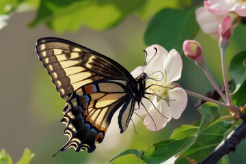 macro shot of butterfly sipping nectar from a blossom - obrazy, fototapety, plakaty