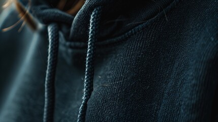 Close-up photo of specific details of the hoodie mockup, such as the fabric texture, stitching, cuffs, or drawstrings - obrazy, fototapety, plakaty