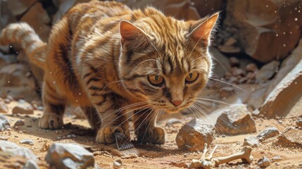 Archaeologist Cat Uncovering Fossils: Visualize a cat with a brush, uncovering dinosaur bones in a dig site, against a pastel brown and beige background suggesting desert and earth.