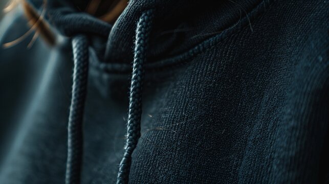 Close-up photo of specific details of the hoodie mockup, such as the fabric texture, stitching, cuffs, or drawstrings