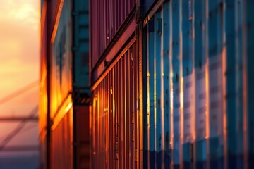 closeup of containers stacked on the deck at sunset