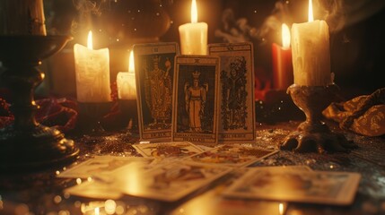 mystical and atmospheric setting with tarot cards and candles, spiritual crystals - obrazy, fototapety, plakaty