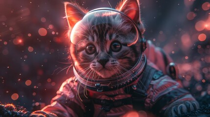 Astronaut Cat in Space: cat in a space suit, floating against a backdrop of pastel pink and purple...