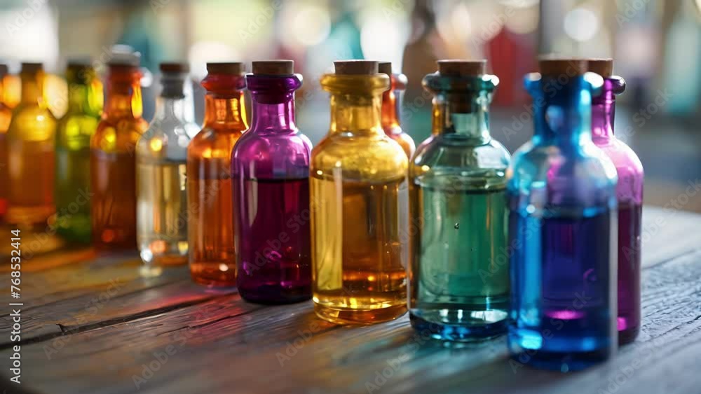 Poster a row of colorful glass bottles each containing a different herbal tincture or extract highly concen