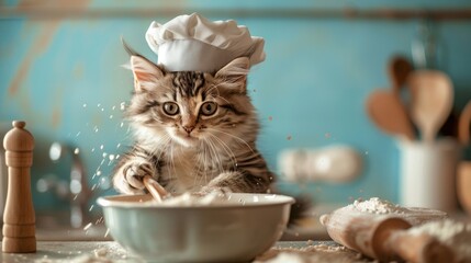 Chef Cat in a Kitchen: Picture a cat wearing a chef's hat and apron, standing on its hind legs, whisking a bowl of batter on a light pastel blue background.