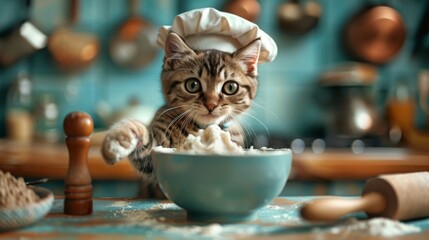 Chef Cat in a Kitchen: Picture a cat wearing a chef's hat and apron, standing on its hind legs, whisking a bowl of batter on a light pastel blue background.