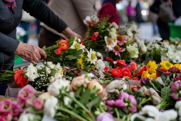 flower seller arranging bouquets at a city square market stall - obrazy, fototapety, plakaty