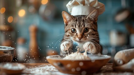 Chef Cat in a Kitchen: Picture a cat wearing a chef's hat and apron, standing on its hind legs,...