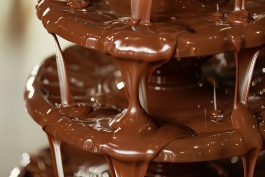 closeup of chocolate flowing down a tiered fountain