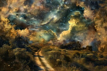 Fototapeta na wymiar Journey Inside the Mind: A surreal landscape of the brain, where neural pathways are depicted as star systems or roads leading to various aspects of memory, dreams, and thoughts