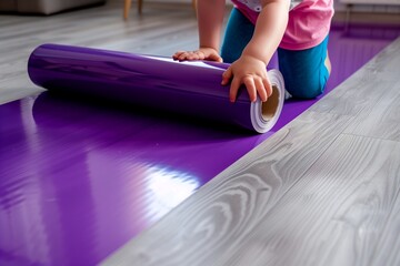 child unrolling a vibrant violet vinyl sheet on the floor - obrazy, fototapety, plakaty