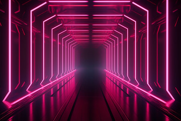 Futuristic Neon-Lit Corridor with Pink and Red Lights, Perspective View of a Modern Sci-Fi Passage, Concept of Virtual Reality and Advanced Technology