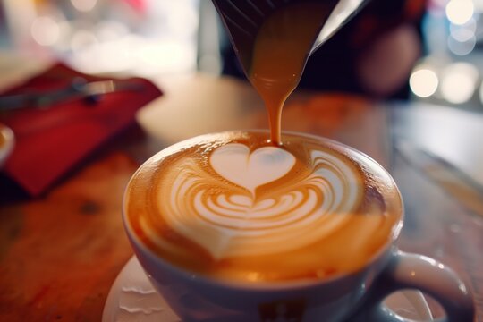latte art demonstration, a heart being poured on the public table