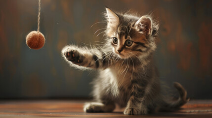 A young kitten with striking fur patterns playfully reaches for a ball suspended by a string The image captures the essence of playful innocence and curiosity