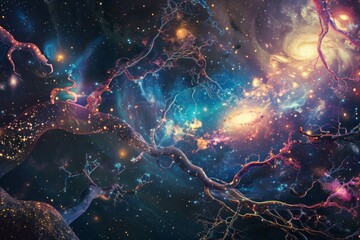 Journey Inside the Mind: A surreal landscape of the brain, where neural pathways are depicted as star systems or roads leading to various aspects of memory, dreams, and thoughts - obrazy, fototapety, plakaty
