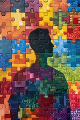 Silhouette of a man combined with many colorful puzzle pieces.