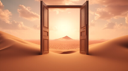 AI Generated Enter bright entrance open door future nature background opportunity landscape concept exit imagination way sky sunlight nobody dream doorway freedom light sun