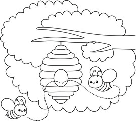 Cute kawaii Beehive with Bees  cartoon character coloring page vector illustration