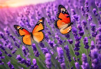 Obraz premium Colorful butterflies in lavender field.