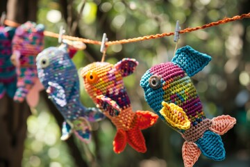 freshly crocheted toy fish hanging on a drying line
