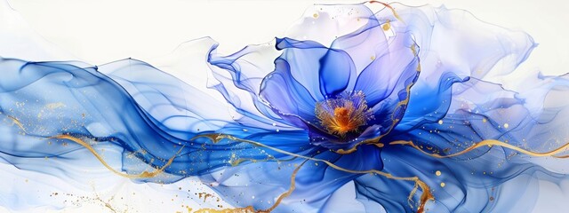 Abstract blue wave, alcohol ink painting in the style of golden lines on a white background, an elegant flower in the center, transparent silk cloth flowing, a luxurious wallpaper for interior design