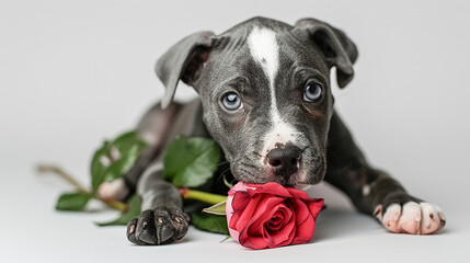 Isolated dog. A lovely gray puppy is holding a red rose in his mouth and looking at the camera isolated on white background