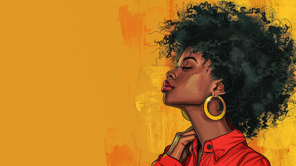 Illustration of an afro woman on a yellow background with copy space for text. International Afro American Women's Day concept - obrazy, fototapety, plakaty
