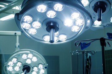 overhead surgical lights illuminating the operation