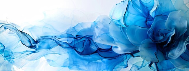 Abstract blue wave, alcohol ink painting in the style of golden lines on a white background, an elegant flower in the center, transparent silk cloth flowing, a luxurious wallpaper for interior design