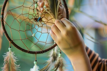 person threading a homemade dreamcatcher with feathers