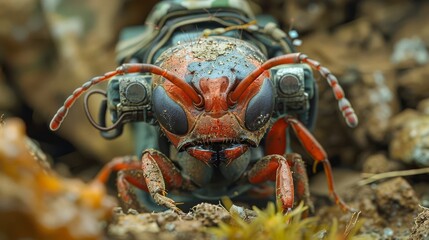 Determined Ant as a Soldier: An ant in military gear, looking valiant, against a camouflage green background.