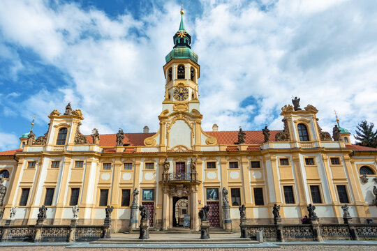 Loreta Monastery, pilgrimage destination in Hradcany, district of Prague. Cloister, the church of the Lords Birth, the Santa Casa and clock tower with famous chime. Central Bohemia, Czech Republic