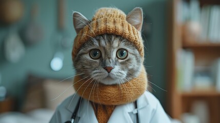 Doctor Cat in the Clinic: Picture a cat in a white coat, checking a stethoscope, with a soft pastel green background suggesting a calm medical office.