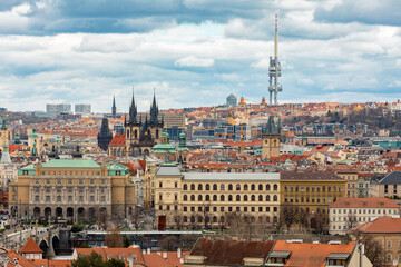 Panorama of old historic town Prague in Czech Praha, view from castle hill to old town square in sunny day, Central Bohemia, Czech Republic - 768533881